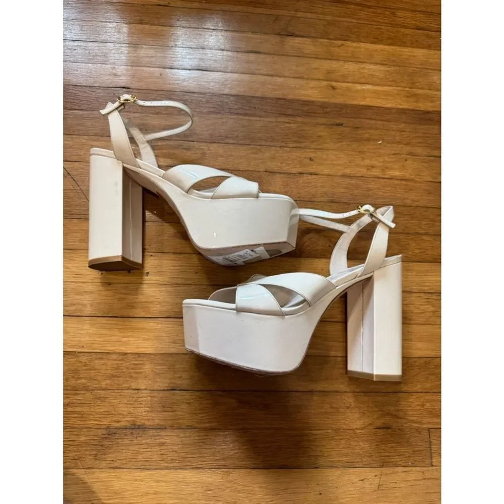 Stuart Weitzman Miami Square Toe Ivory Patent Leather Platform Sandals
